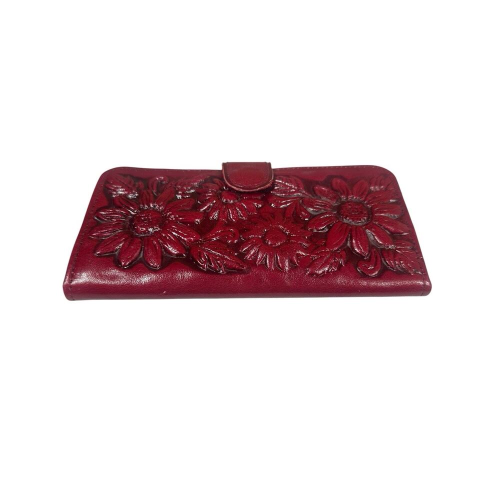 Vtg‎ Red Tooled Leather Sunflower Womens Embossed Clutch Wallet Mexico 8" x 4" - Picture 4 of 10